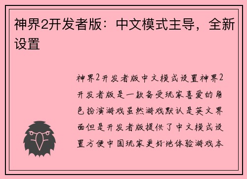 神界2开发者版：中文模式主导，全新设置